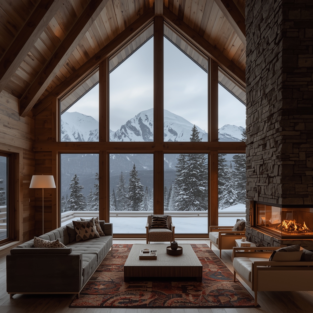 A cozy luxury mountain cabin interior with a fireplace and a large window overlooking snowy peaks, warm lighting, architectural photography.